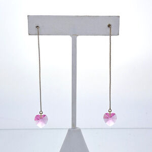 Estate Sterling Silver 925 Pink Crystal Heart Drop Earrings